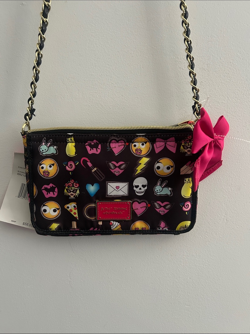 Betsey Johnson Black Emoji Print Crossbody with Pink Bow Accent